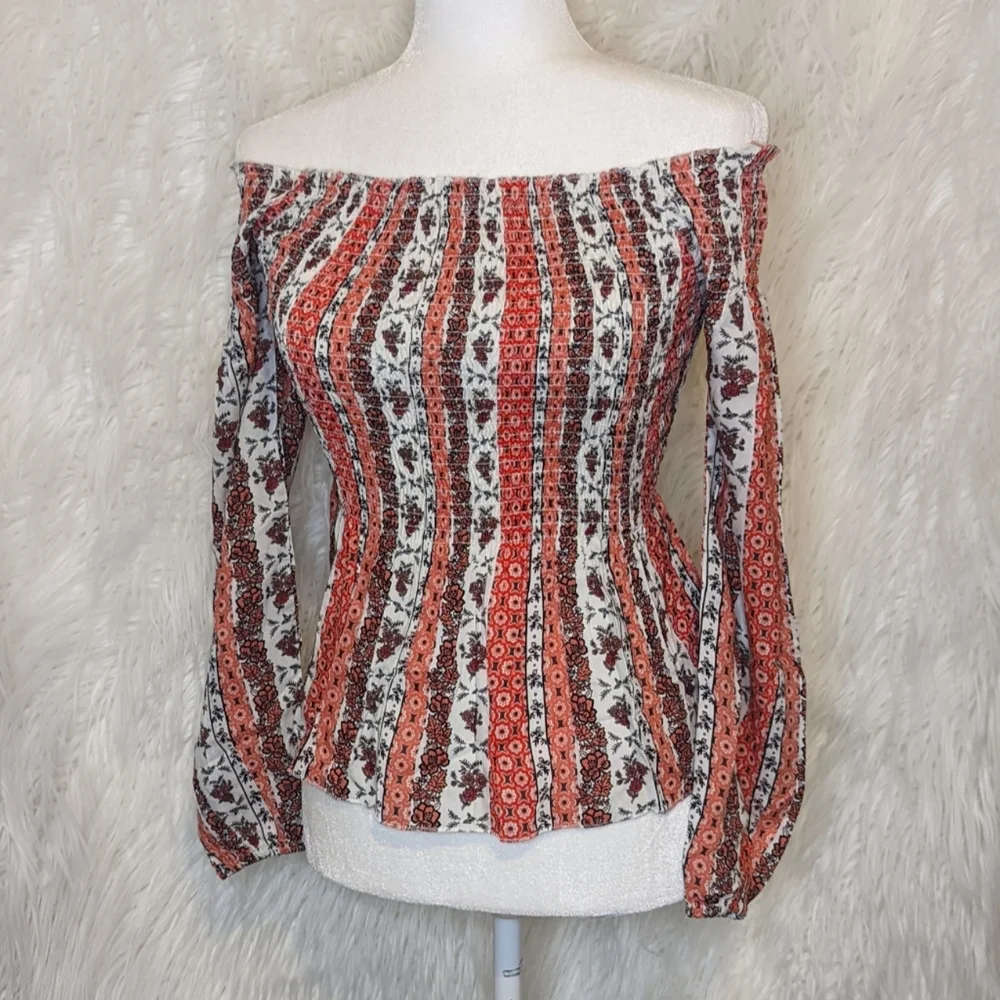 Japna ☆ NWT Women's XS Boho Floral Pleated Long Sleeve Top Flared Bottom - Picture 8 of 9